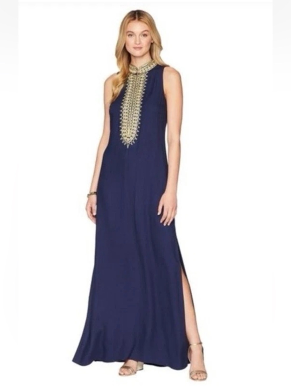 Lilly Pulitzer Jane Maxi Dress Womens Navy Gold Metallic Embroidery Resort